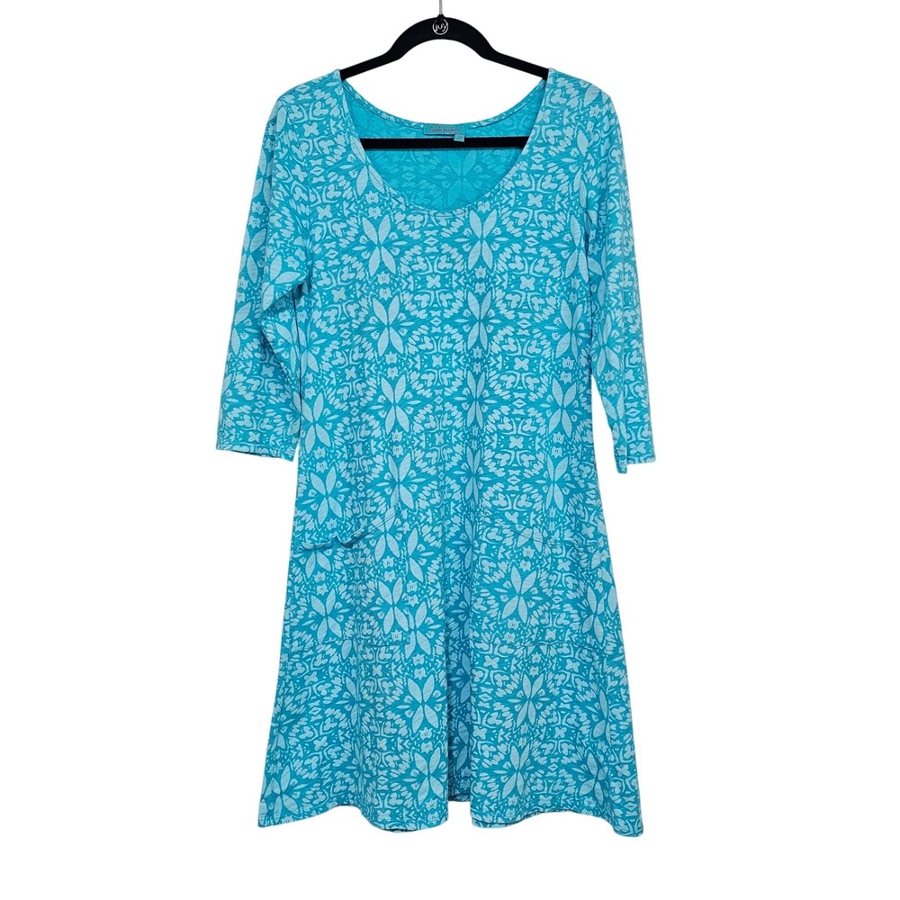 Fresh Produce S/M Blue Floral Dress 3/4 Sleeve Pocket Slub Cotton Casual Comfort